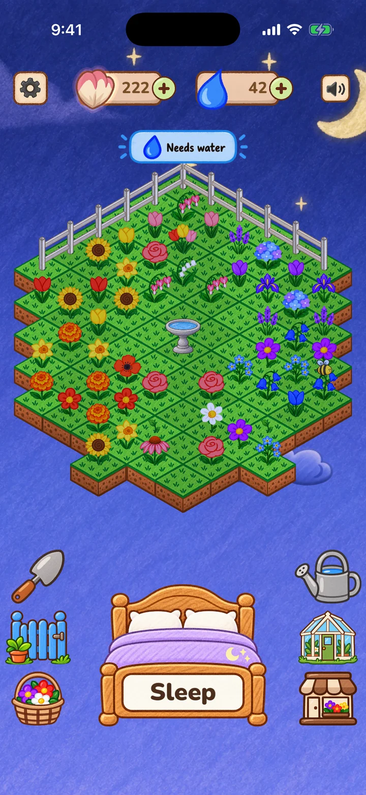 Bloom at night: a garden of blooming roses, tulips and sunflowers behind a white fence, under the moon, with the bed and garden tools below.