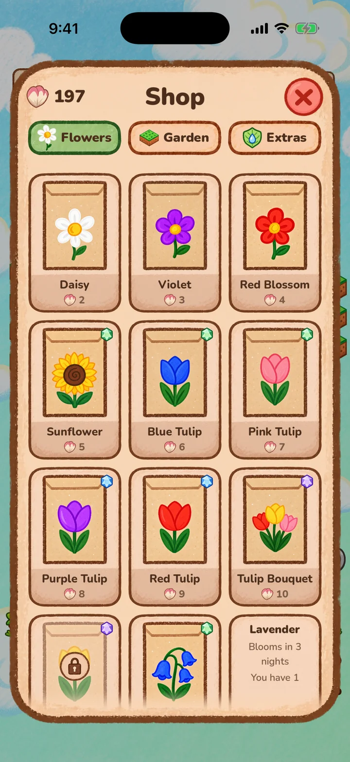 The shop: seed packets for daisies, violets, sunflowers and tulips, each with a price in petals.