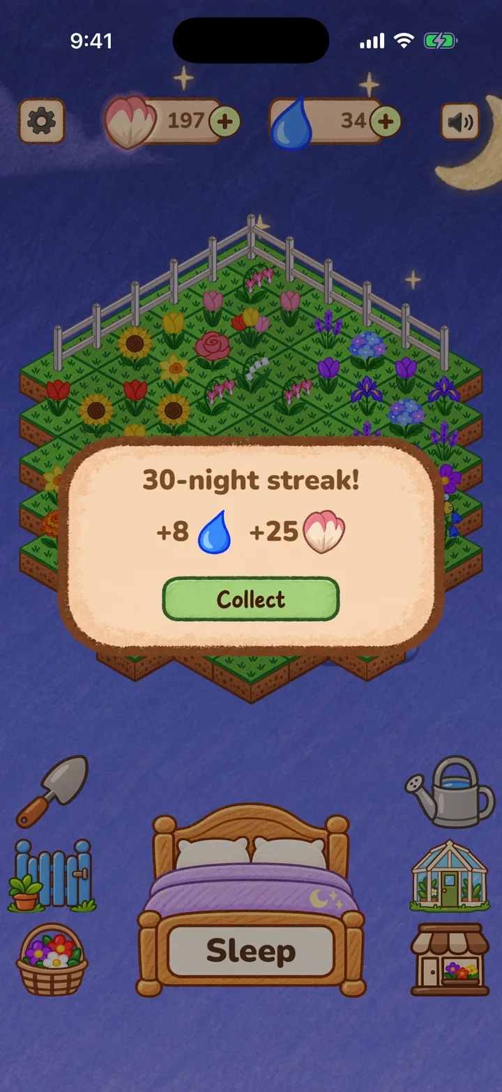 A 30-night streak card at night, worth 8 water and 25 petals, over a blooming garden.