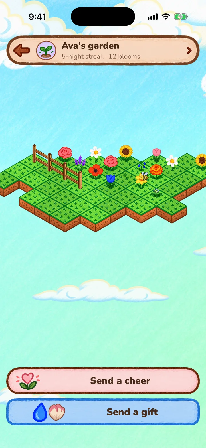 Visiting Ava's garden, with buttons to send a cheer and send a gift.